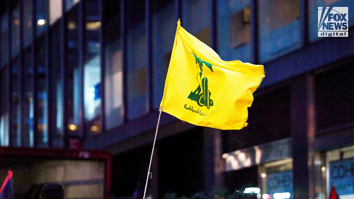 Demonstrator holds Hezbollah flag