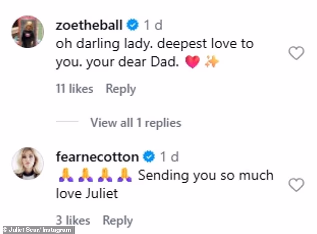 Zoe Ball je odgovorila: 'Oh draga damo. najdublja ljubav prema tebi. tvoj dragi tata', dok je Fearne Cotton napisao: 'Šaljem ti toliko ljubavi Juliet'