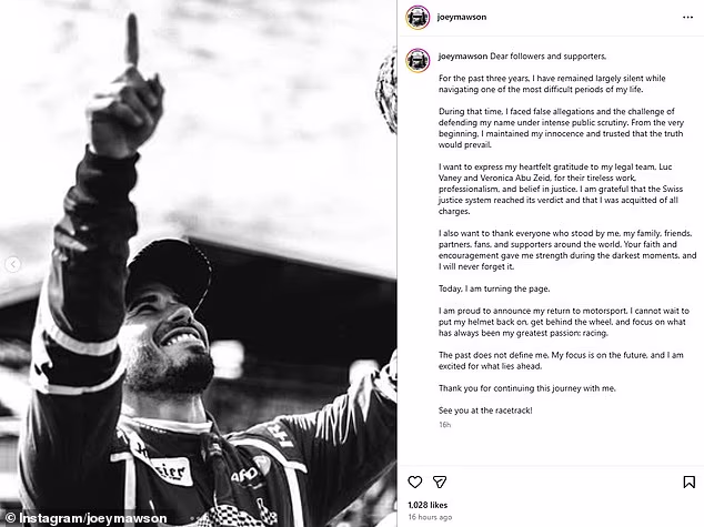 Na slici: Mawsonova izjava na Instagramu kad je prekinuo šutnju nakon što ga je švicarski sud proglasio nevinim