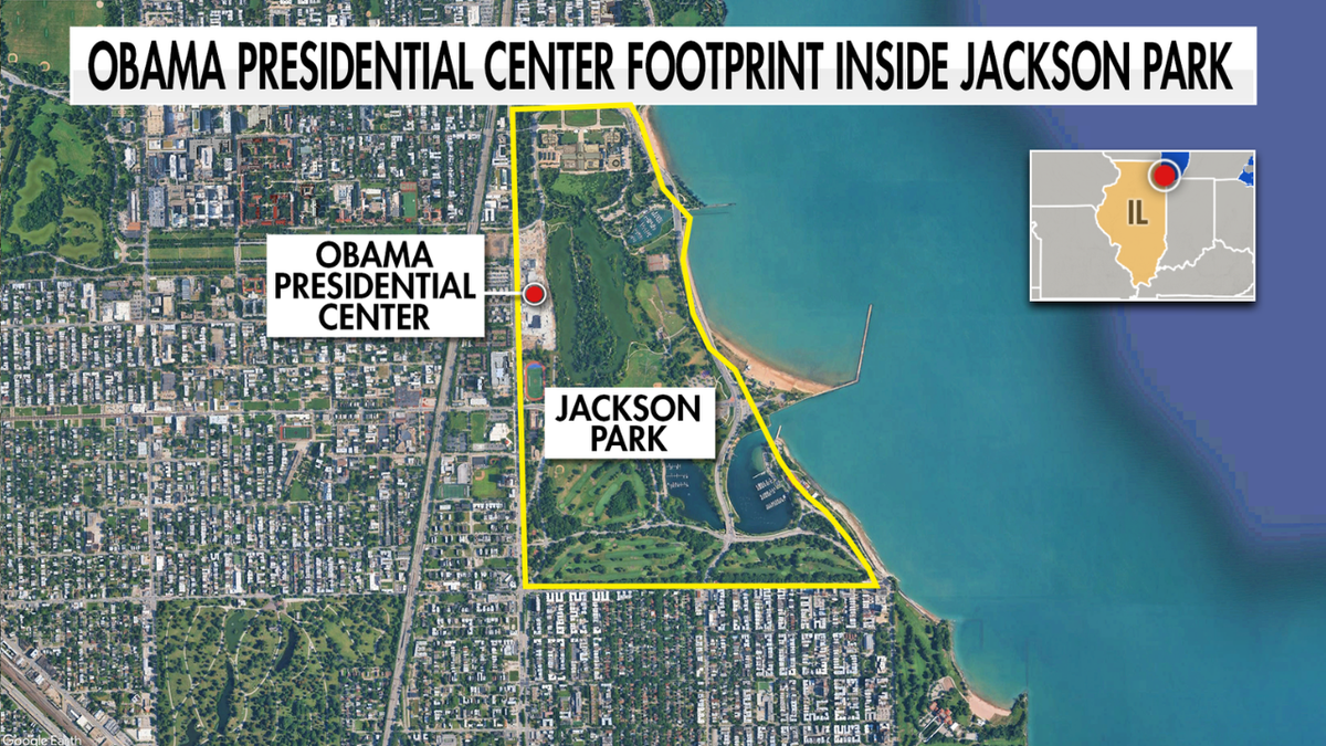 Grafika karte koja prikazuje otisak Obaminog predsjedničkog centra unutar Jackson Parka u Chicagu.