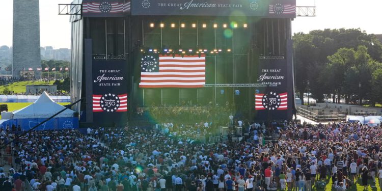 The Latest: Crowd gathers on the National Mall to hear Trump rally for America 250 kickoff