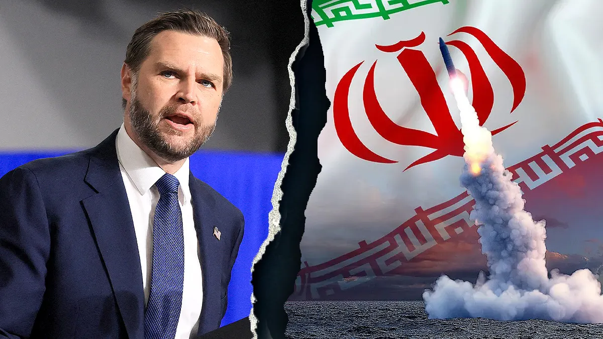 Potpredsjednik JD Vance stoji pored slike projektila i iranske zastave.