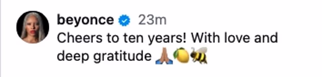 Dolazi nakon što je Beyonce u četvrtak zauzela Instagram kako bi obilježila 10. godišnjicu svog kultnog albuma Lemonade, koji je objavljen 23. travnja 2016.
