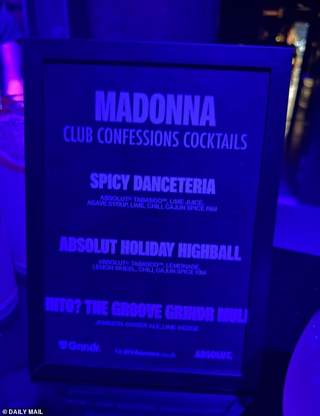 Ponuđena pića bila su tematizirana njezinim pjesmama, nazvane Spicy Danceteria, Absolut Holiday Highball i Into? Groove Grindr Mule