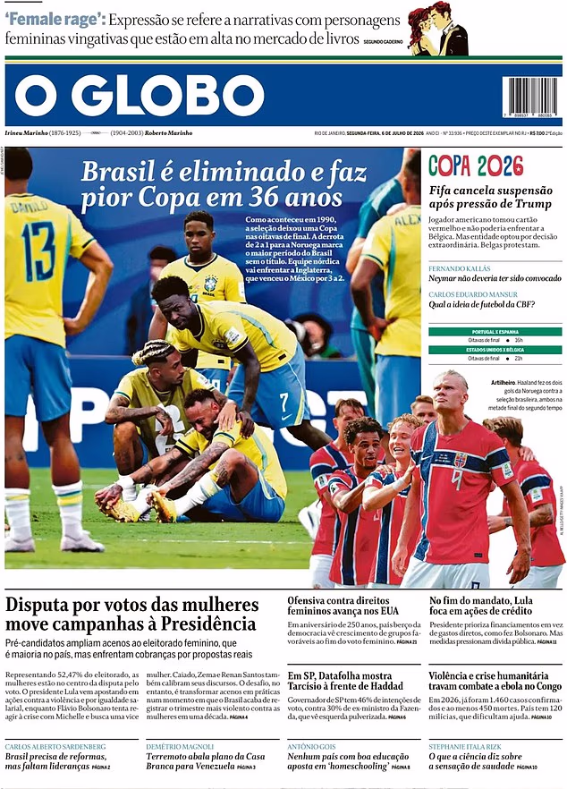 Naslovnica O Globa je glasila: 'Brazil je eliminiran i ima svoje najgore Svjetsko prvenstvo u 36 godina'
