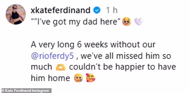 Napisala je: '"Moj tata je ovdje". Jako dugih 6 tjedana bez našeg @rioferdy5, svima nam je jako nedostajao. Ne mogu biti sretniji što je kod kuće'