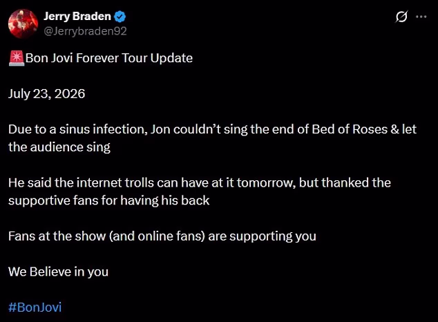 Jerry Braden, koji je voditelj podcasta Jon Bon Jovi Discussions, objavio je za X da se rocker bori s infekcijom sinusa