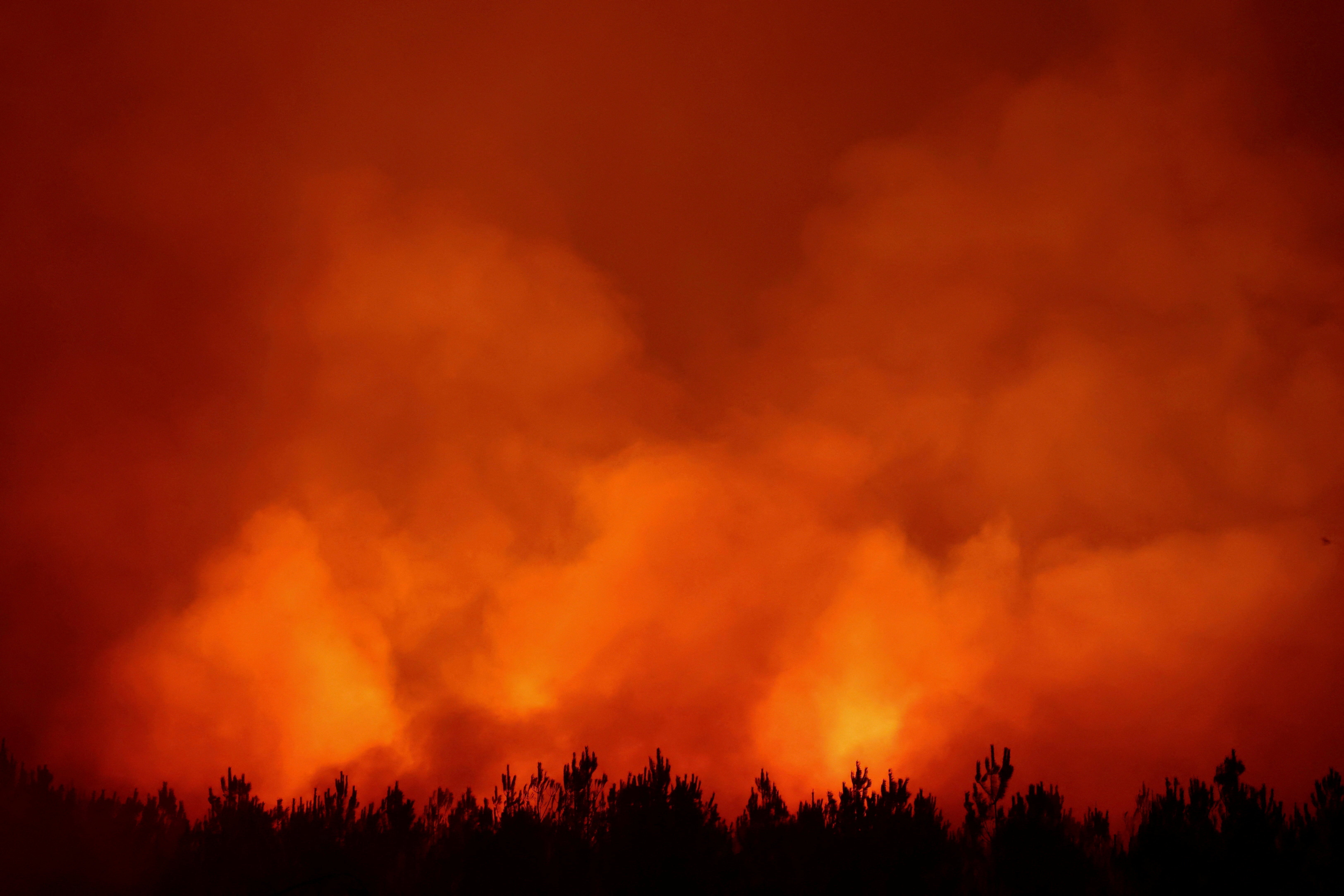 Dim se diže dok plamen gori tijekom šumskog požara u Aresu, Gironde
