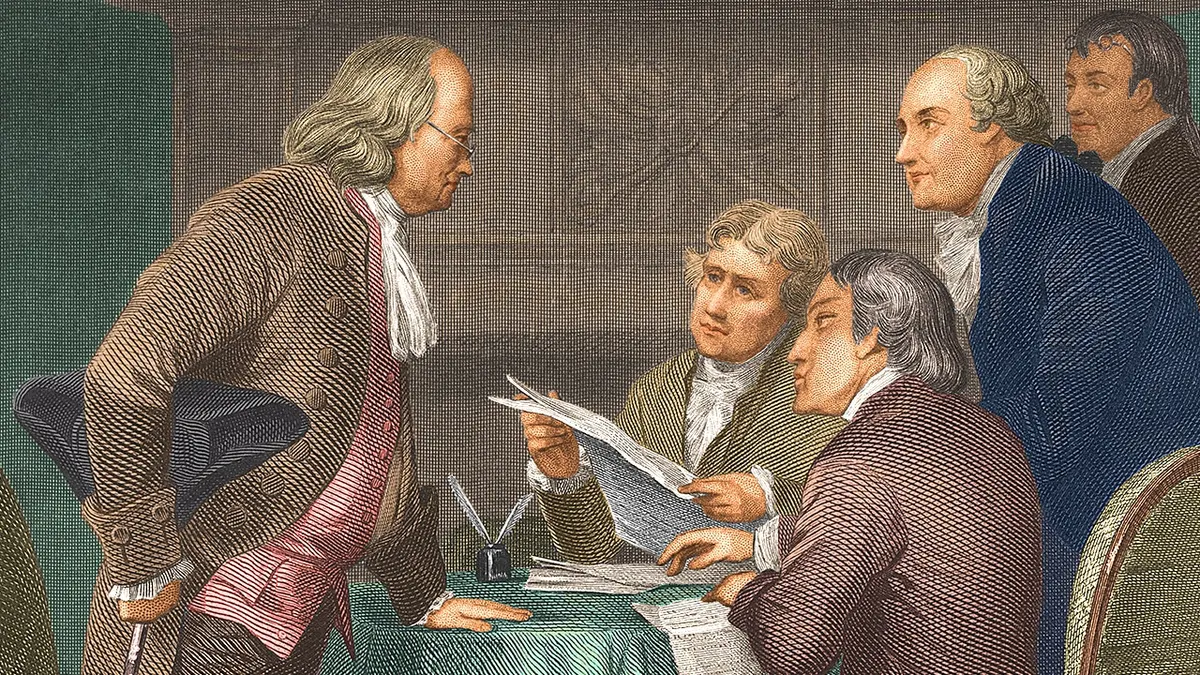 Ilustracija Jeffersonovog uređivanja Deklaracije s Franklinom, Adamsom