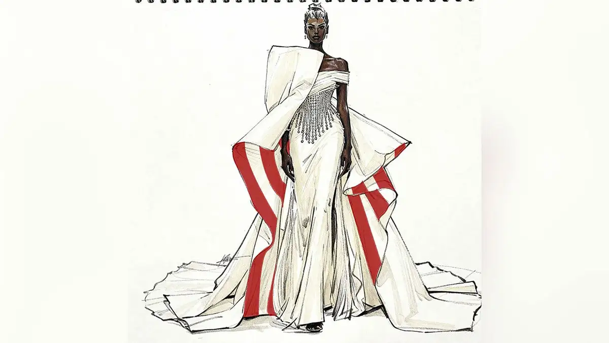 Modna skica patriotske haljine America250 inspirirane američkom zastavom Betsy Ross dizajnerice Kate Wasserbach Moore