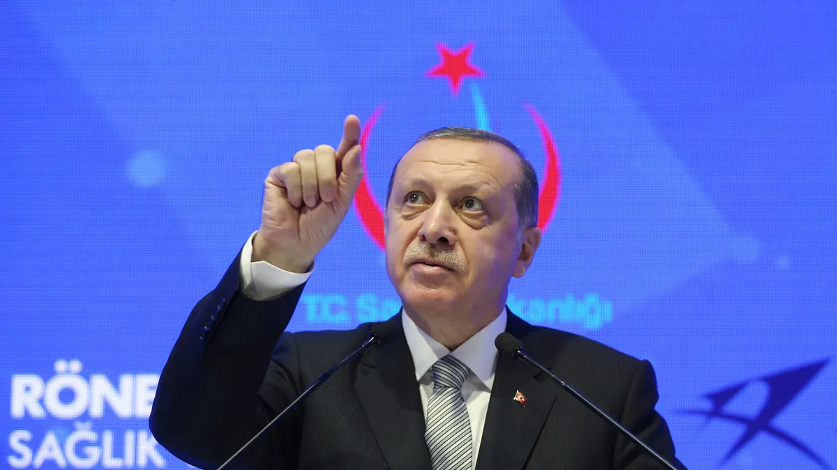 Turski predsjednik Recep Tayyip Erdogan govori tijekom sastanka u Istanbulu, petak, 21. srpnja 2017. Erdogan je optužio njemačku vladu da lažima pokušava zastrašiti ulaganja u Tursku, nakon što je Njemačka pooštrila svoj stav prema Ankari nakon uhićenja aktivista za ljudska prava, uključujući njemačkog državljanina. (Predsjednička tiskovna služba/Fotografija bazena putem AP-a)