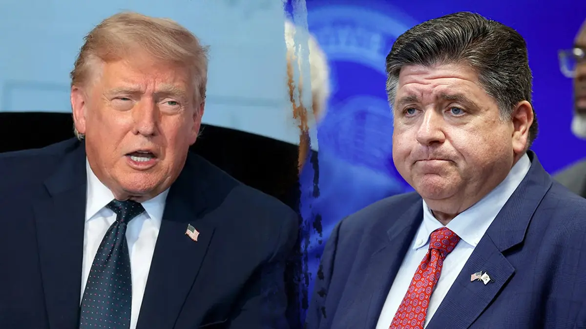 podijeljena slika prikazuje predsjednika Trumpa lijevo i guvernera Illinoisa Pritzkera desno
