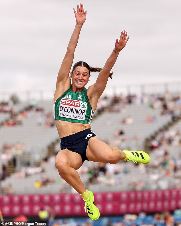 Ireland's Kate O'Connor competing in the European Championship heptathlon long jump