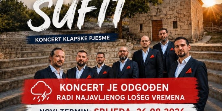 Zbog lošeg vremena odgođen koncert klape Šufit u Dugopolju, poznat novi termin