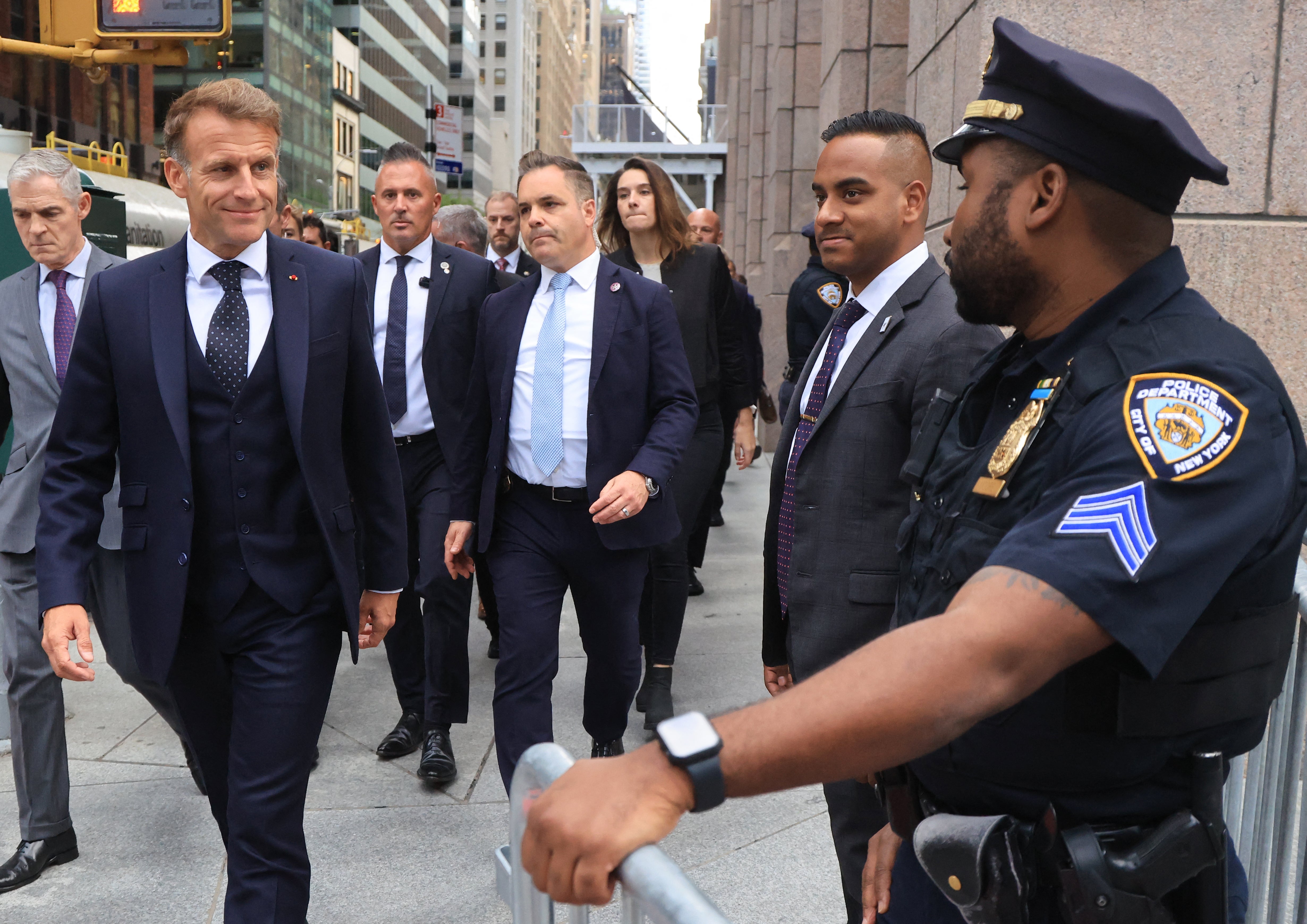 French President Emmanuel Macron arrives at Trump Tower in New York City on September 21, 2026, ahead of a meeting with US President Donald Trump