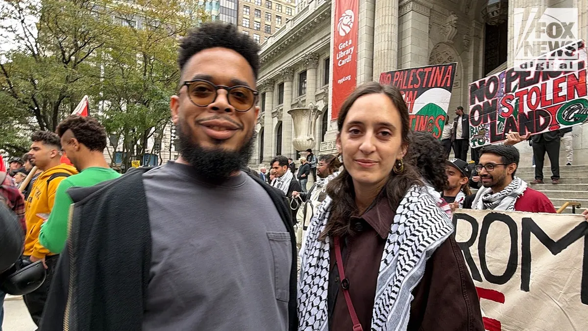 Manolo De Los Santos and Layan Fuleihan at an anti-Netanyahu protest in Bryant Park, New York City.