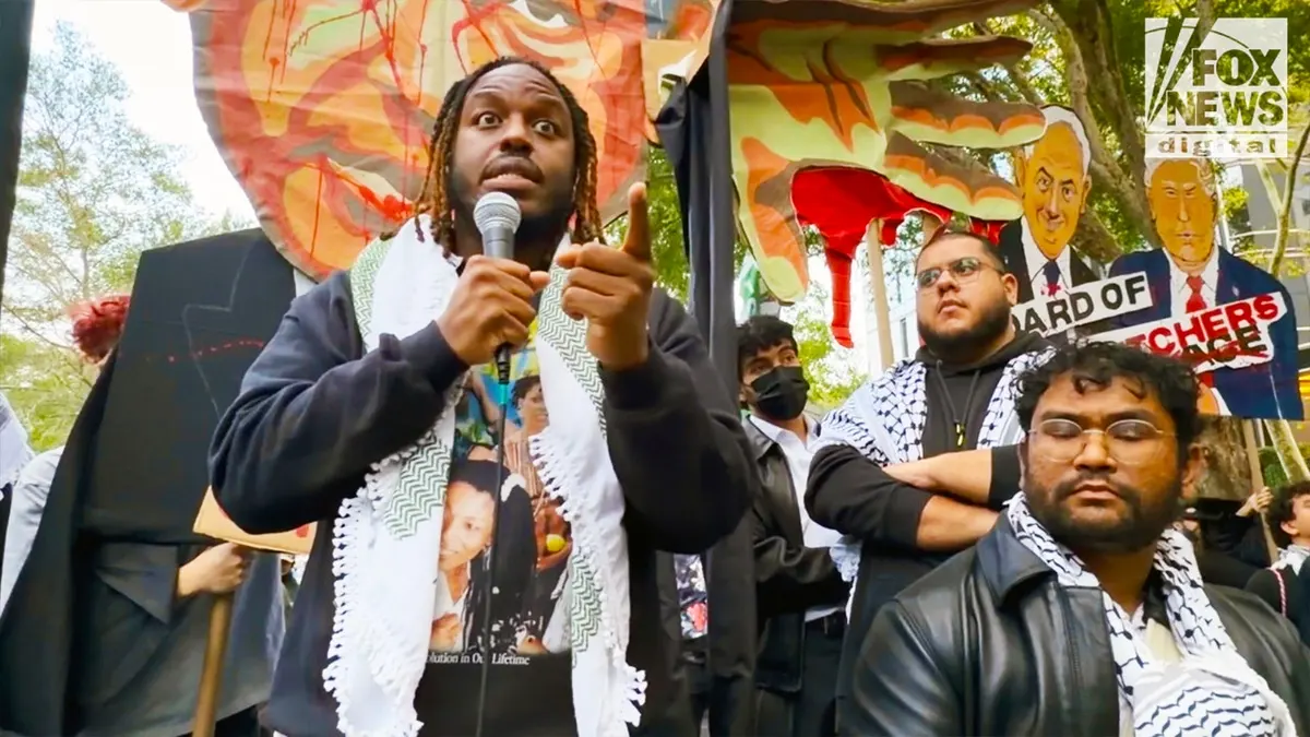 People’s Forum Membership, Events and Volunteer Coordinator Tajee Bounds speaks during an anti-Israel protest in New York City.