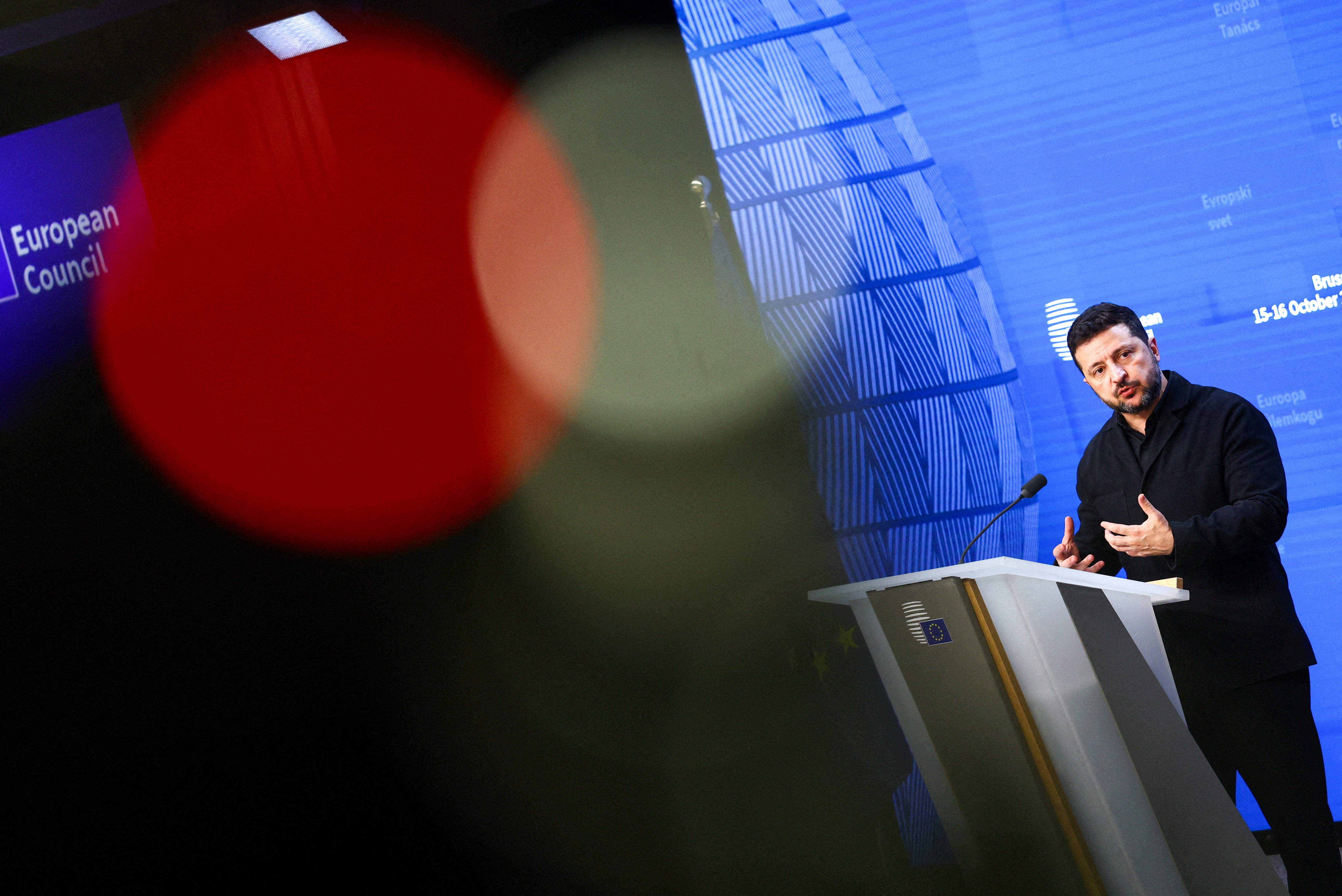 Ukrainian president Volodymyr Zelensky speaks during a press conference at a European Union leaders' summit in Brussels, Belgium, 16 October 2026