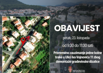 Zbog uklanjanja građevinske dizalice sutra u Ulici I. Vojnovića privremena regulacija prometa